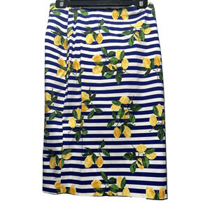 Linda Matthews Lemon Print Striped Skirt Women’s Small Blue White Fruit A-Line